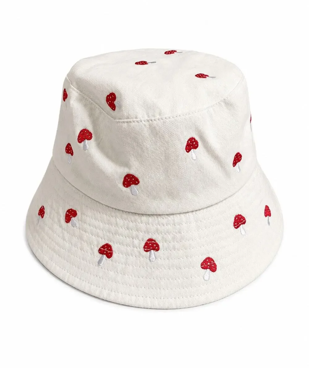 Women's White Red Mushroom Whimsical Cotton Embroidered Bucket Hat Cap Size OS